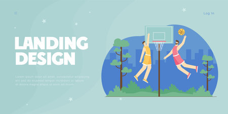Cartoon men playing basketball in street. Urban scene with basketball players on court or stadium flat vector illustration. Sports, healthy lifestyle concept for banner, website design or landing pageのイラスト素材