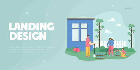 Family caring for plants in garden flat vector illustration. Parents and daughter planting flowers and weeding beds together, spending time on farm in nature. Village, agriculture, summer conceptのイラスト素材