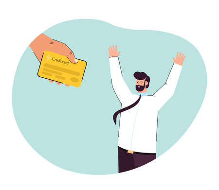 Hand giving credit card to happy man flat vector illustration. Person getting approved for loan. Financial service, banking, money concept for banner, website design or landing web pageのイラスト素材