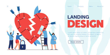 Tiny people repairing vulnerable broken heart. Heart of sensitive person breaking after failure in relationship flat vector illustration. Love, emotions concept for banner or landing web pageのイラスト素材