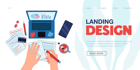 Top view of office worker or accountant analyzing documents. Hands of analyst or entrepreneur doing research or studying business analytics flat vector illustration. Technology, finances conceptのイラスト素材