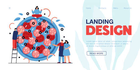 Tiny cartoon characters with huge tasty pizza. Male and female persons making pizza together flat vector illustration. Food, cafe or restaurant concept for banner, website design or landing web pageのイラスト素材