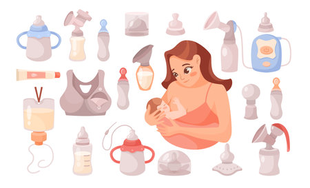 Equipment for breastfeeding vector illustrations set. Cartoon woman feeding baby, devices and bottles for breast milk or formula, breast pump, bra on white background. Breastfeeding, baby care conceptのイラスト素材