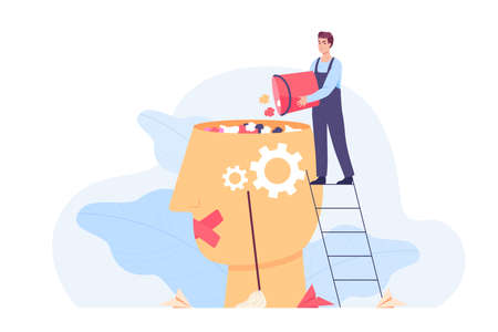Tiny worker putting garbage in big human head. Internet propaganda or fake news, man littering mind of person flat vector illustration. Brainwashing, information, social media concept for bannerのイラスト素材