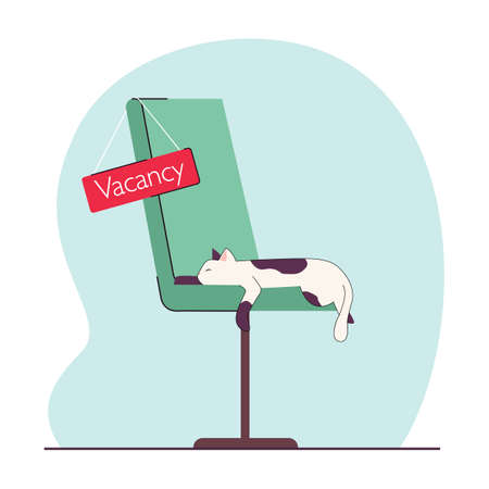 Office chair with vacancy sign flat vector illustration. Cat sleeping on chair. Company having open position. Career, recruitment, employment concept for banner, website design or landing web pageのイラスト素材
