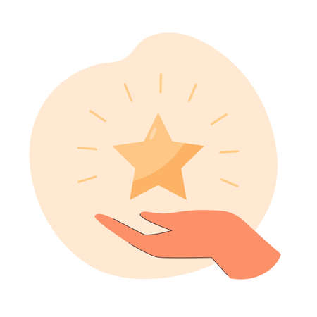Golden star on human hand flat vector illustration. Person holding rating star as sign of high quality, success. Service, feedback, satisfaction concept for banner, website design or landing web pageのイラスト素材