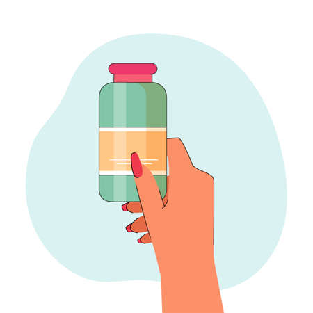 Female hand holding bottle of pills flat vector illustration. Person taking care of health. Healthcare, medicine, pharmacy, treatment concept for banner, website design or landing web pageのイラスト素材
