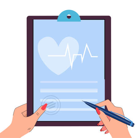 Cardiologist signing medical assessment flat vector illustration. Patient having cardiac examination. Cardiology, healthcare, medicine concept for banner, website design or landing web pageのイラスト素材