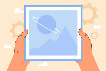 Picture with planet and mountains in hands. Person studying astronomy flat vector illustration. Science, fantasy, astrology concept for banner, website design or landing web pageのイラスト素材