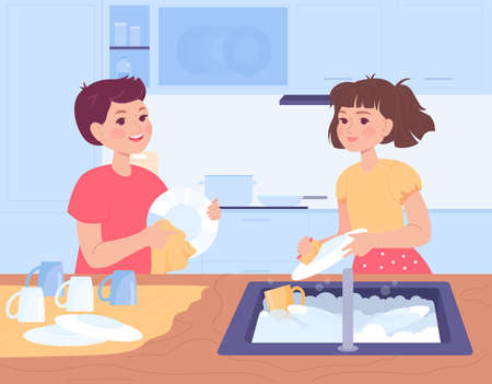 Cute girl and boy washing dishes in kitchen. Cartoon kids cleaning plates with sponge and cloth, children helping with housework flat vector illustration. Household, childhood concept for bannerのイラスト素材