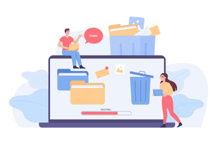 Tiny people and huge laptop with trash bin on screen. Speech bubble with word delete, process of deleting of files on computer flat vector illustration. Storage, digital data concept for bannerのイラスト素材