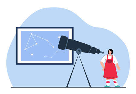 Girl looking through telescope flat vector illustration. Kid exploring constellations. Hobby, astronomy, science, education concept for banner, website design or landing web pageのイラスト素材