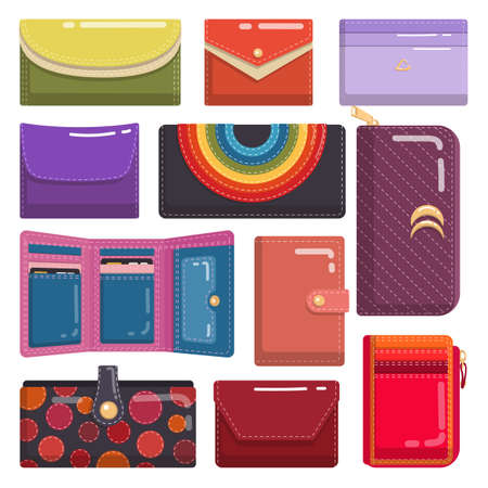 Colorful wallets or purse cartoon illustration set. Leather women bags for money, cash, coins, banknotes or cards. Fashion, shopping, finance, currency, payment conceptのイラスト素材