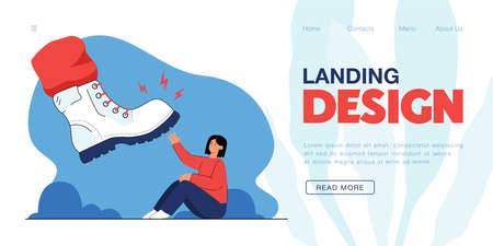 Giant foot in boot crushing, trampling scared tiny woman. Bully offending small person flat vector illustration. Fight, bullying, harassment concept for banner, website design or landing web pageのイラスト素材