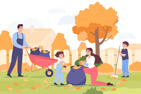 Happy family or neighbors collecting piles of leaves in yard. Boy raking leaves, park cleanup flat vector illustration. Autumn or fall, nature, ecology concept for banner or landing web pageのイラスト素材