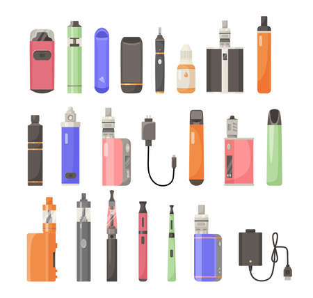 Different types of e-cigarettes vector illustrations set. Accessories for electric or electronic cigarettes, chargers and liquid for vapes isolated on white background. Smoking, technology conceptのイラスト素材