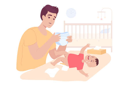Cartoon father changing diaper of crying baby. Young man taking care of little child flat vector illustration. Parenting, fatherhood, baby care concept for banner, website design or landing web pageのイラスト素材