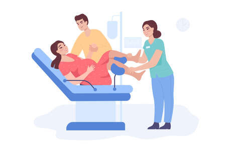 Wife and husband in maternity hospital or ward together. Pregnant woman giving birth in prenatal clinic flat vector illustration. Pregnancy, family, childbirth concept for banner or landing web pageのイラスト素材
