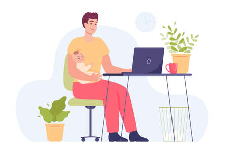 Father working from home while holding little baby. Business man sitting at laptop with child flat vector illustration. Remote work, parenthood, baby care concept for banner or landing web pageのイラスト素材