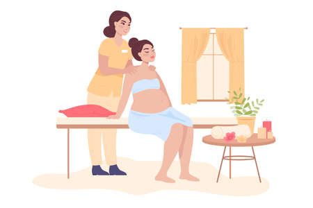 Pregnant cartoon woman getting massage. Prenatal massage therapy or treatment, adult character relaxing flat vector illustration. Pregnancy, spa salon concept for banner, website design, landing pageのイラスト素材