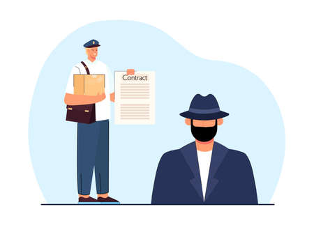 Postman delivering parcel to man in hat and mask. Courier in uniform holding contact flat vector illustration. Delivery service, privacy, security concept for banner, website design or landing pageのイラスト素材