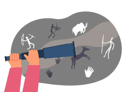 Hands of researcher holding spyglass in front of cave paintings. Anthropologist looking at caveman drawings of people and animals flat vector illustration. Anthropology, history concept for bannerのイラスト素材