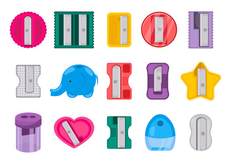 Different colorful sharpener vector illustrations set. Collection of cartoon drawings of devices of different shapes for sharpening pencils isolated on white background. Education, stationery conceptのイラスト素材