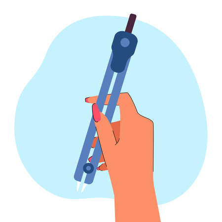 Hand of teacher or student holding divider or compass. Female hand with measuring tool or instrument flat vector illustration. Geometry, education, engineering concept for banner or landing web pageのイラスト素材