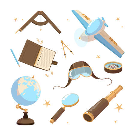 Air travel cartoon illustration collection. Vintage pilot hat, notebook, spyglass, compass, aircraft, airplane, sphere or globe. Aviation, trip, transportation, geography, cartography conceptのイラスト素材