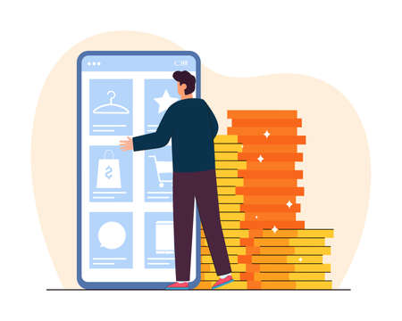 Back view of tiny customer in front of mobile phone. Man buying items via internet store, stack of gold coins flat vector illustration. Online shopping, technology concept for banner, website designのイラスト素材