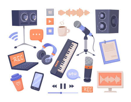 Different equipment for radio broadcast vector illustrations set. Devices for radio or music studio, laptop, microphones, headphones isolated on white background. Music, broadcasting, radio conceptのイラスト素材