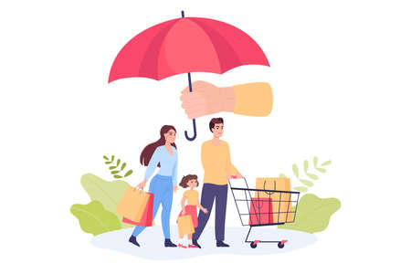 Family with shopping bags standing under umbrella. Consumer rights protection flat vector illustration. Defense, law, safety, justice, privacy, commerce, regulation conceptのイラスト素材