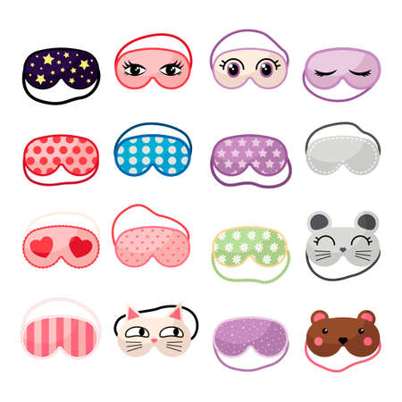 Different sleeping mask designs vector illustrations set. Cartoon drawings of eye masks for sleep or nap with hearts, cat or bear faces on white background. Sleeping, bedtime, nightwear conceptのイラスト素材