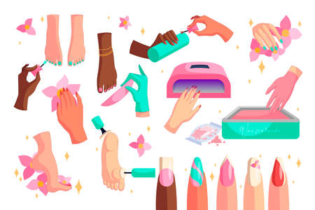 Hands and feet with nail art flat vector illustrations set. Cartoon drawings of female hands and feet with manicure and pedicure isolated on white background. Nail art, beauty salon, cosmetics conceptのイラスト素材