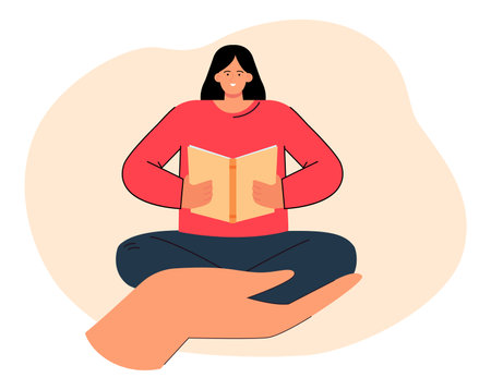 Huge hand holding female student reading textbook. Girl studying or learning information from book flat vector illustration. Education, knowledge, library concept for banner or landing web pageのイラスト素材