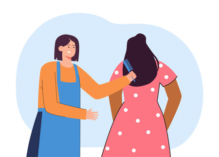 Hairstylist combing hair of female client. Hairdresser styling haircut of woman flat vector illustration. Hairdressing, beauty salon concept for banner, website design or landing web pageのイラスト素材