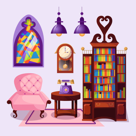 Library interior cartoon illustration set. Soft cozy armchair, rug, wooden cabinet or bookcase with books, wall clock and landline on table. Design, reading area, education conceptのイラスト素材