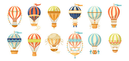 Different colorful hot air balloons vector illustrations set. Cartoon drawings of vintage transport or aerostat, baby shower decoration isolated on white background. Transportation, journey conceptのイラスト素材