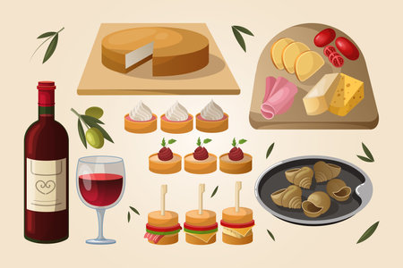 Classic French dinner cartoon illustration set. Bottle and glass of wine, plate of escargots, cheese, ham, delicious settee, canape. Food, restaurant, alcohol, lunch conceptのイラスト素材