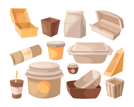 Carton cups and boxes with takeout food vector illustrations set. Cartoon drawings of cardboard containers, paper bags for lunch isolated on white background. Food delivery, takeaway conceptのイラスト素材