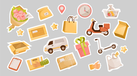 Cute fast delivery elements vector illustrations set. Stickers with car or transport for delivering orders, hand of courier holding parcels on grey background. Delivery service, free shipping conceptのイラスト素材
