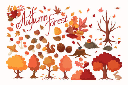 Autumn trees and forest animals vector illustrations set. Simple cartoon drawings of cute squirrel, hedgehogs and bunny in woods, maple leaves isolated on white background. Autumn, wildlife conceptのイラスト素材