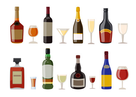 Alcoholic drinks and glasses vector illustrations set. Liquor bottles of different shapes with labels, whiskey, rum, wine isolated on white background. Beverage, alcohol concept for menu designのイラスト素材