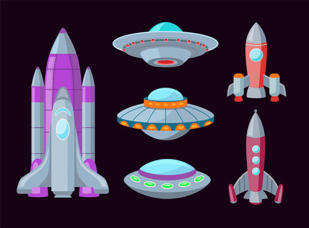Spaceships cartoon illustration set. Isolated spacecrafts, ufo and rocketships. Flat vector collection for galaxy, futuristic technology, game and space conceptのイラスト素材