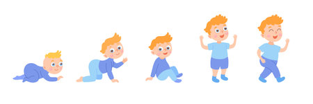 Process of cartoon child growth from little baby to boy. Drawings of human physical development, vector illustrations set. isolated on white background. Childhood, infancy, age conceptのイラスト素材