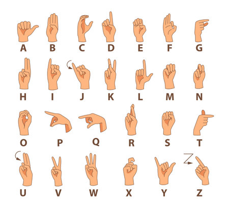 Hands showing sign language alphabet vector illustrations set. Fingers in different positions, language of deaf people isolated on white background. Disability, communication, education conceptのイラスト素材