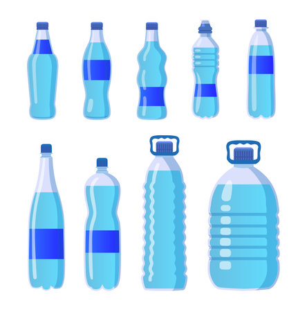 Plastic drinking water bottles set. Cartoon vector illustrations of different shapes and sizes transparent containers and flasks full of liquid isolated on white. Water consumption, storage conceptのイラスト素材