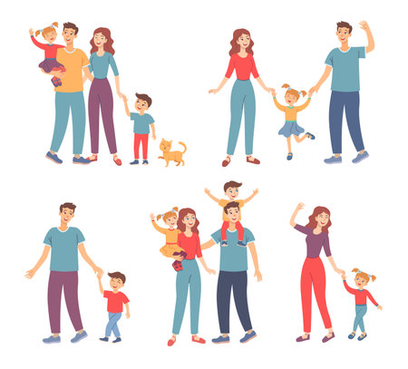 Happy family walking together outdoors set. Vector illustrations of parents and children holding hands. Cartoon mother, father characters enjoying walks with son and daughter. Fun family time conceptのイラスト素材