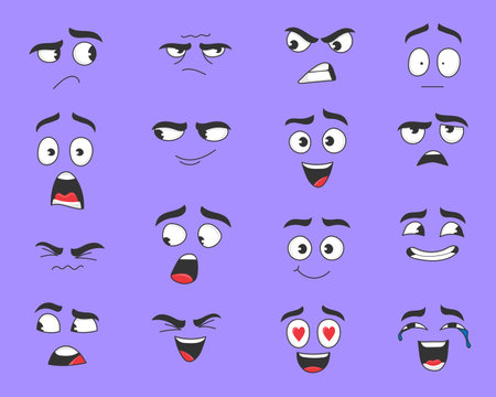 Different expressions of cartoon face vector illustrations set. Cute, funny, angry, happy, smiling comic faces with eyes and mouth isolated on purple background. Emotions concept for character designのイラスト素材