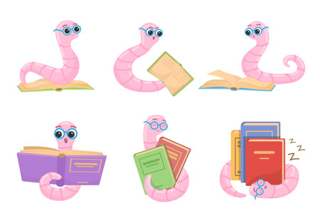 Happy bookworms reading, sleeping and hugging books cartoon vector illustration set. Funny insect in different poses and emotions on white background. Artwork for reading animal, school, educationのイラスト素材